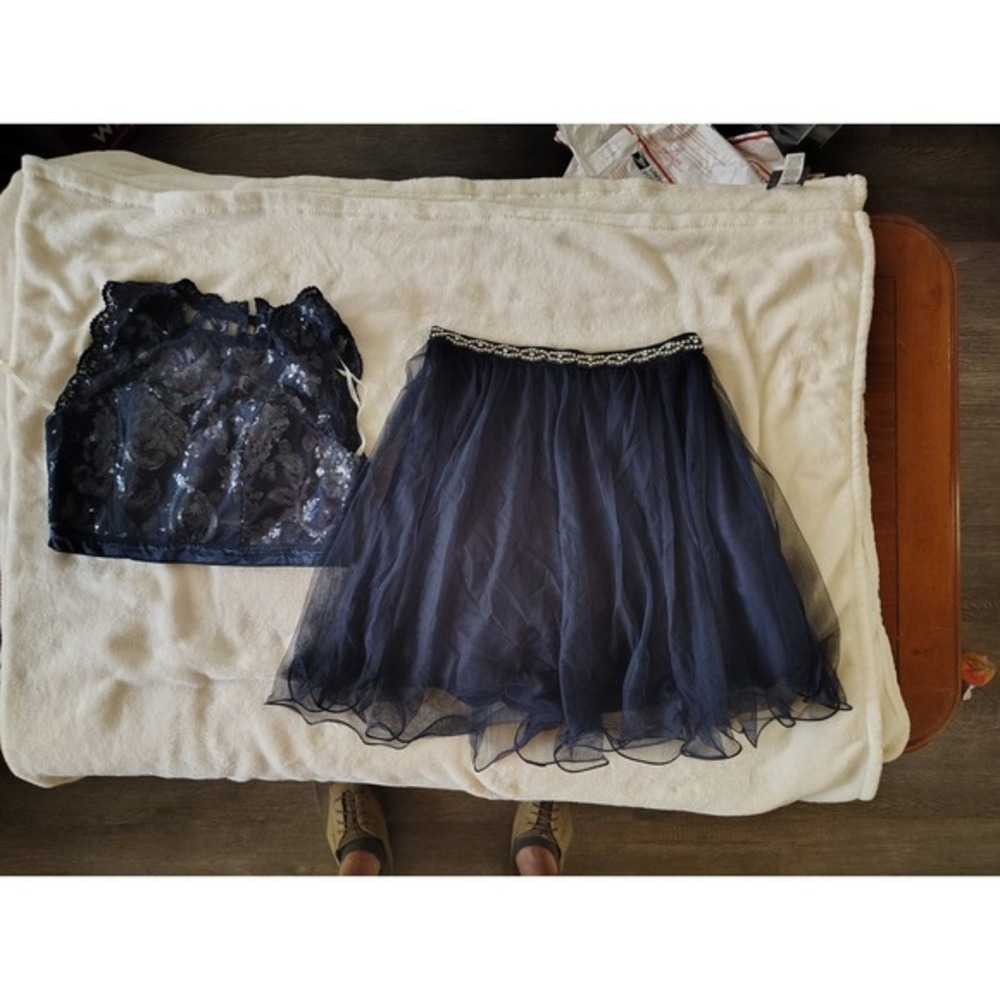 Sequin Hearts Navy Blue 2 Piece Prom Dress Lace Sequin Crop Top Tulle Skirt Set